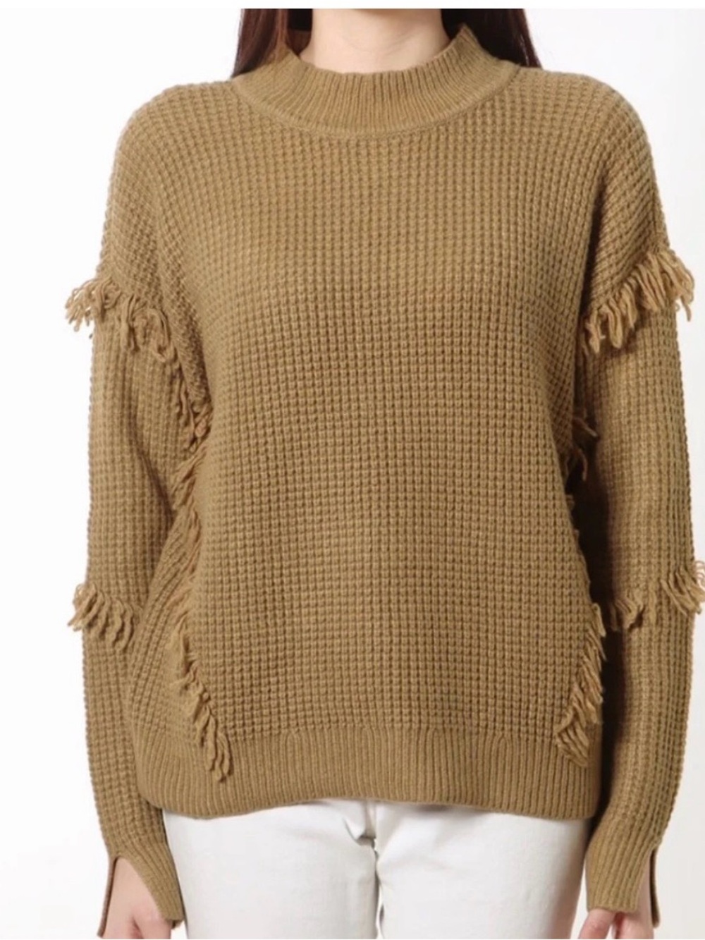 Like new Michael Kors Fringe Detail Waffle Knit Sweater - Camel. Size S.